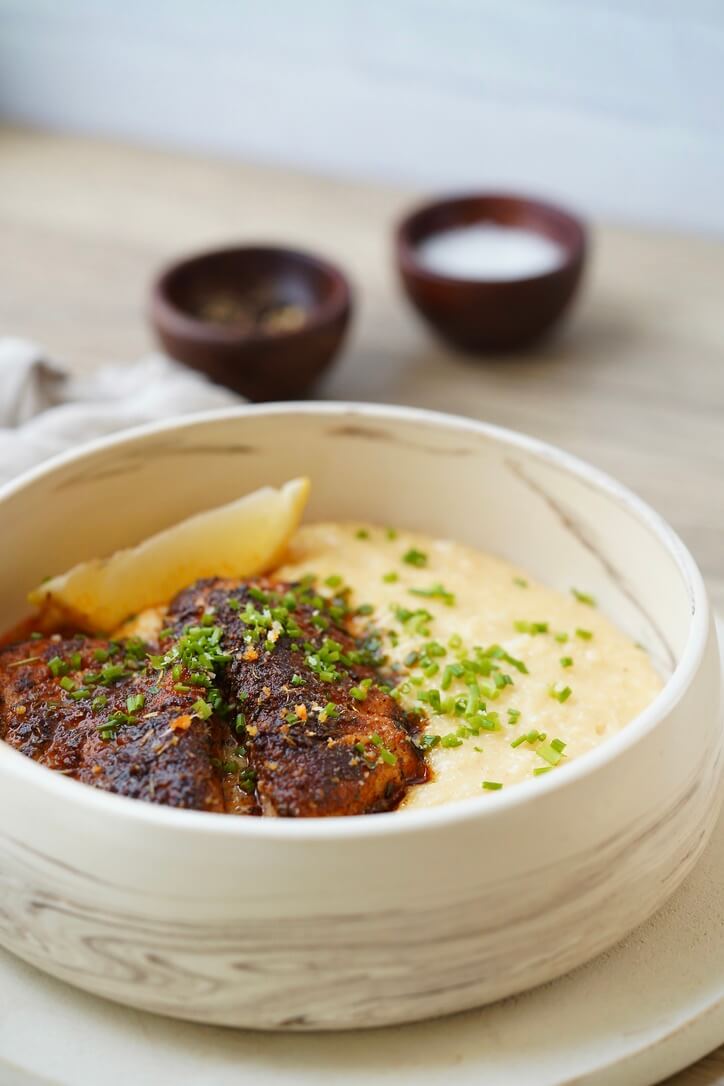 blackened halibut with grits