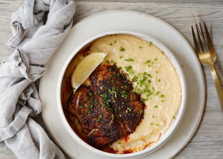 blackened halibut with grits