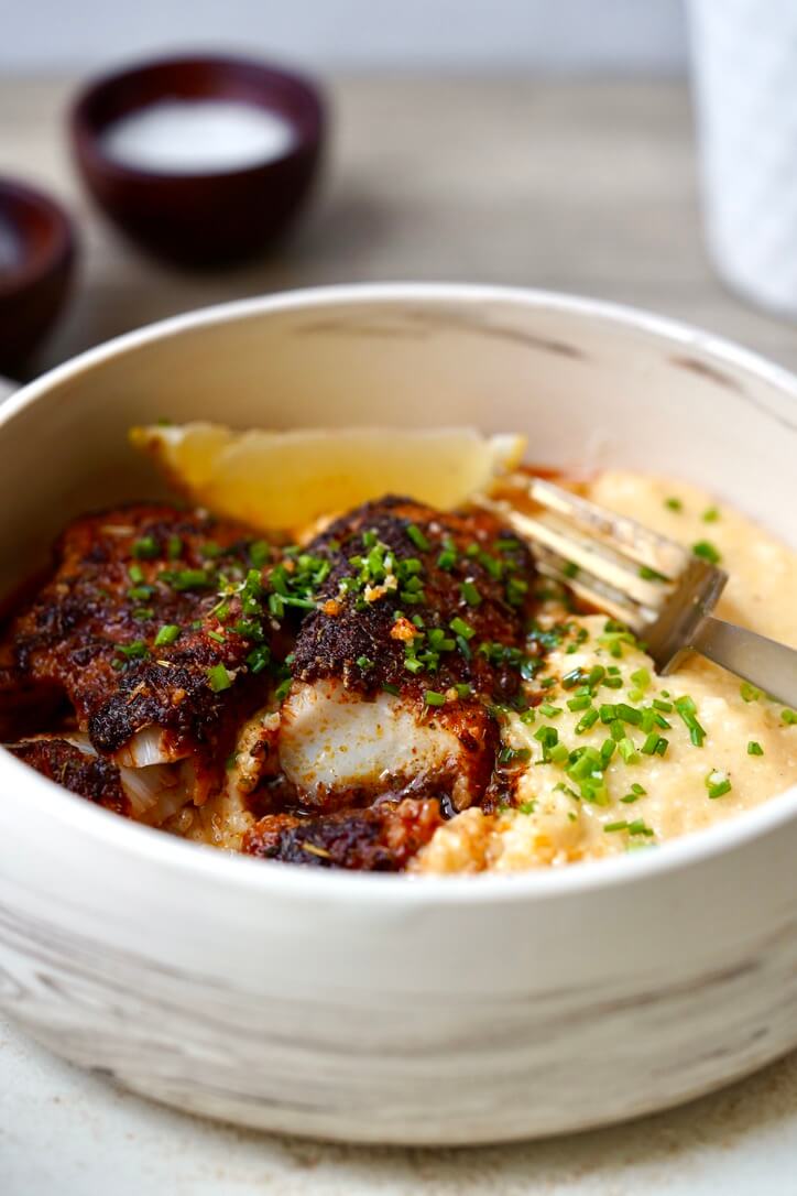 blackened halibut with grits