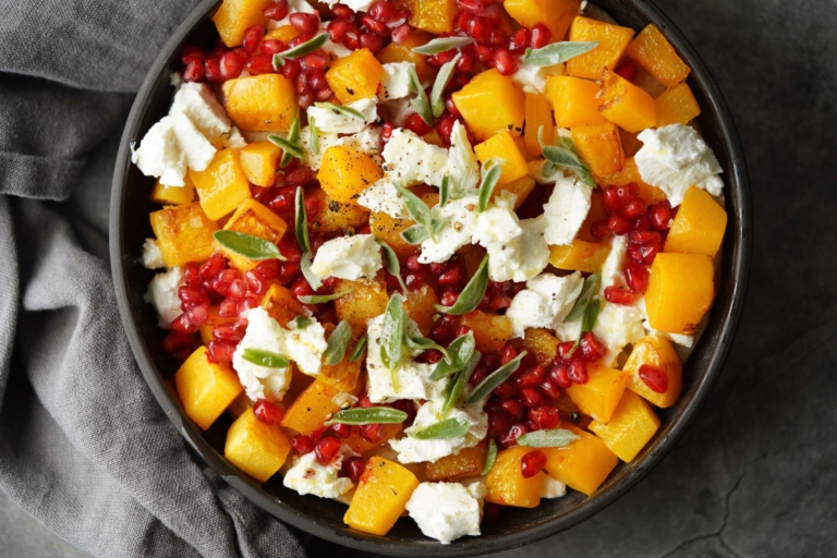 roasted butternut squash with goat cheese and pomegranate